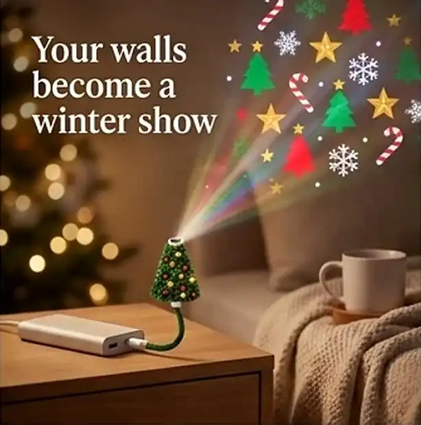 The Lumi Tree projecting Christmas patterns on the wall